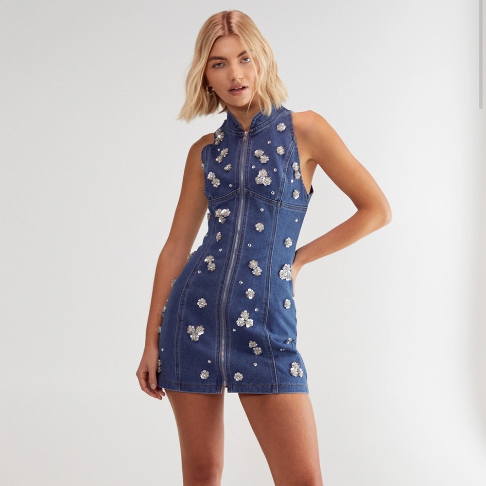 Nasty Gal Denim Mini Dress with White Floral Accents